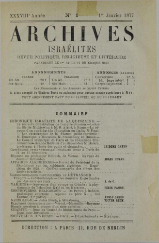 Archives israélites de France. Vol.38 N°01 (01 janv. 1877)